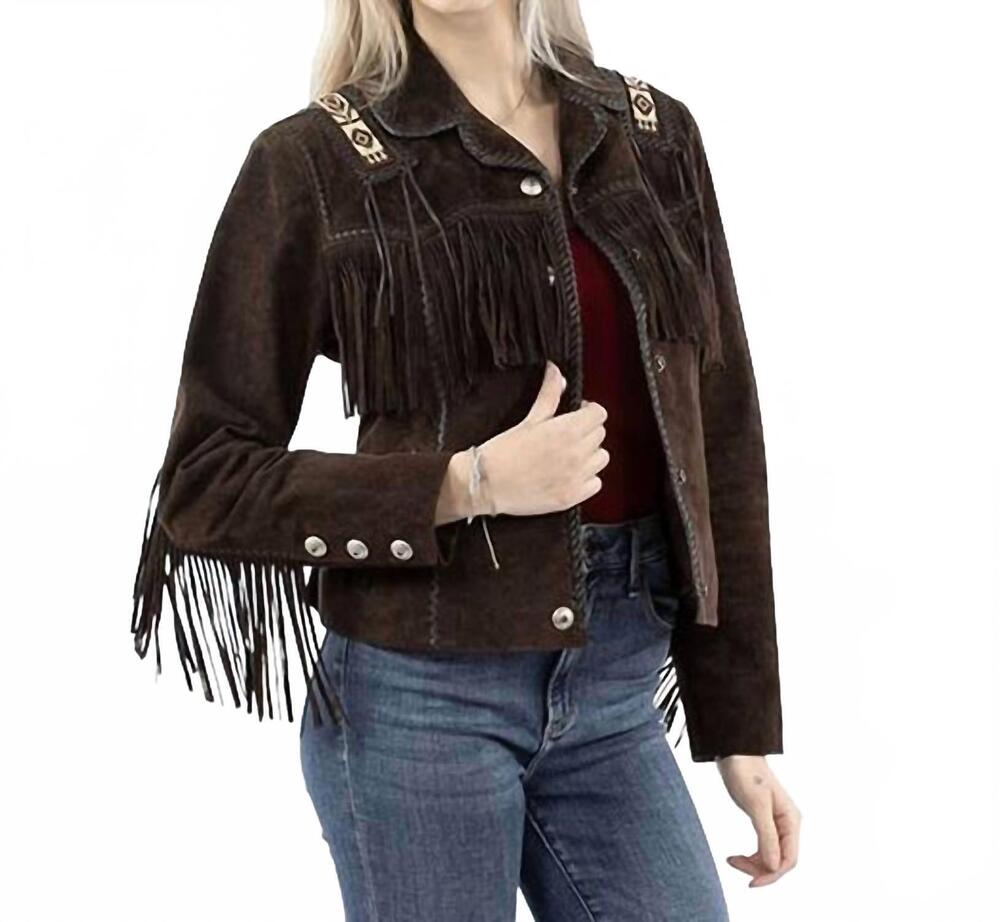 NEW SCULLY fringe and beaded suede jacket in expresso